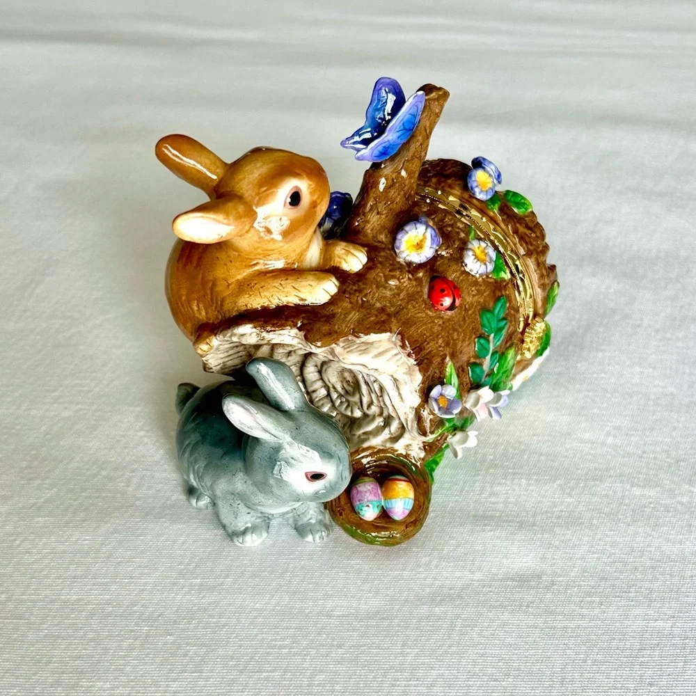 Vtg Hand Painted Porcelain Hinged Faberge Trinket Box Woodland Easter Spring
